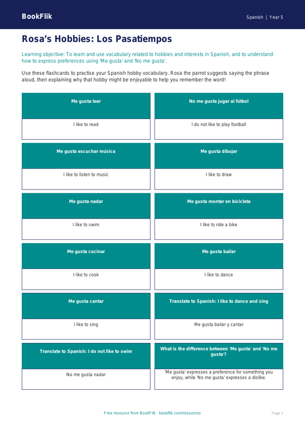 Free Hobbies Flashcards | Year 5 Greater Depth | BookFlik worksheet preview — Spanish Hobbies