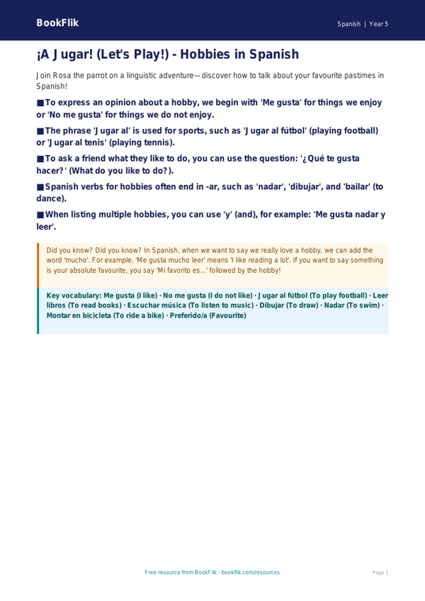 Free Hobbies Poster | Year 5 Greater Depth | BookFlik worksheet preview — Spanish Hobbies