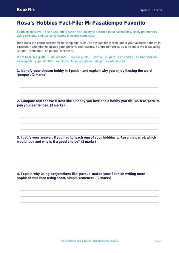 Free Hobbies Template | Year 5 Greater Depth | BookFlik worksheet preview — Spanish Hobbies