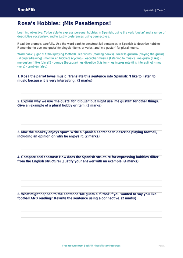 Free Hobbies Worksheet | Year 5 Greater Depth | BookFlik worksheet preview — Spanish Hobbies
