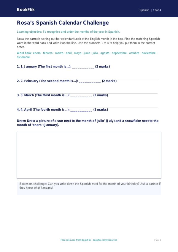 Free Months Of The Year Activity Sheet | Year 4 Supported | BookFlik worksheet preview — Spanish Months Of The Year