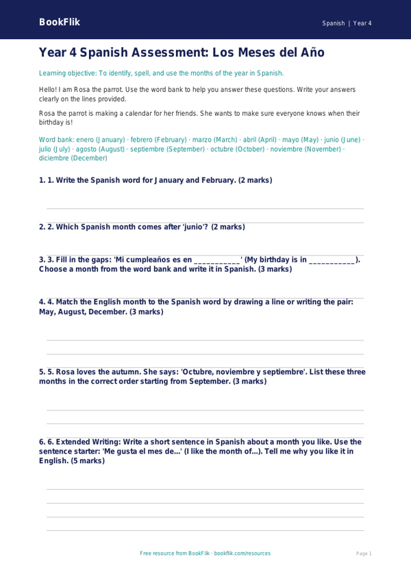 Free Months Of The Year Assessment | Year 4 Supported | BookFlik worksheet preview — Spanish Months Of The Year