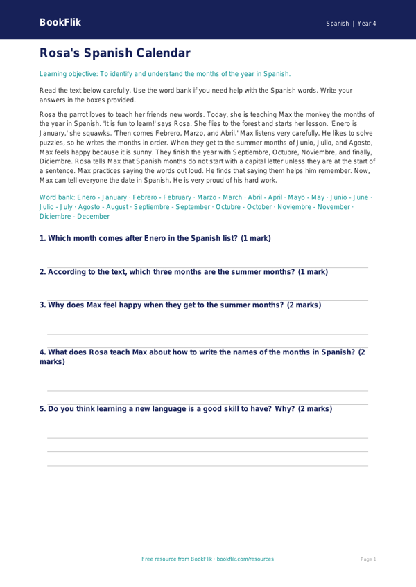Free Months Of The Year Comprehension | Year 4 Supported | BookFlik worksheet preview — Spanish Months Of The Year