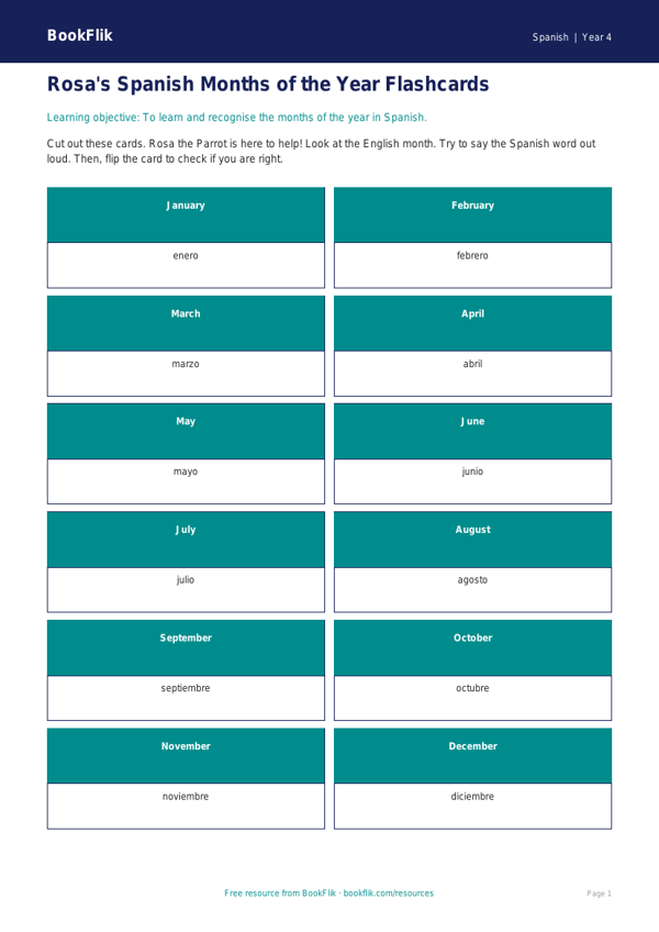 Free Months Of The Year Flashcards | Year 4 Supported | BookFlik worksheet preview — Spanish Months Of The Year
