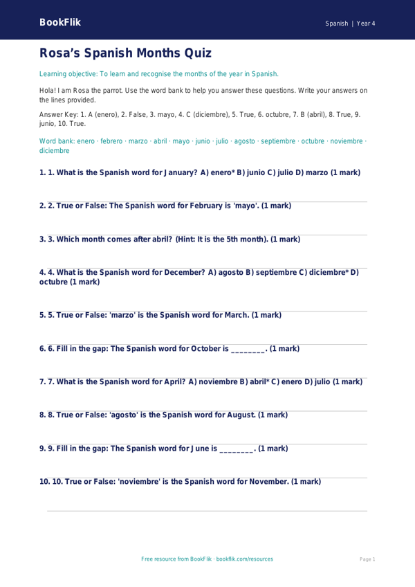 Free Months Of The Year Quiz | Year 4 Supported | BookFlik worksheet preview — Spanish Months Of The Year