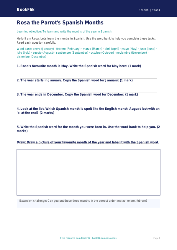 Free Months Of The Year Worksheet | Year 4 Supported | BookFlik worksheet preview — Spanish Months Of The Year