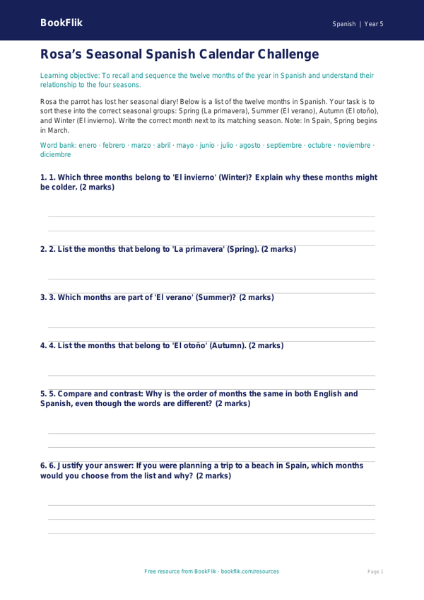 Free Months Of The Year Activity Sheet | Year 5 Greater Depth | BookFlik worksheet preview — Spanish Months Of The Year