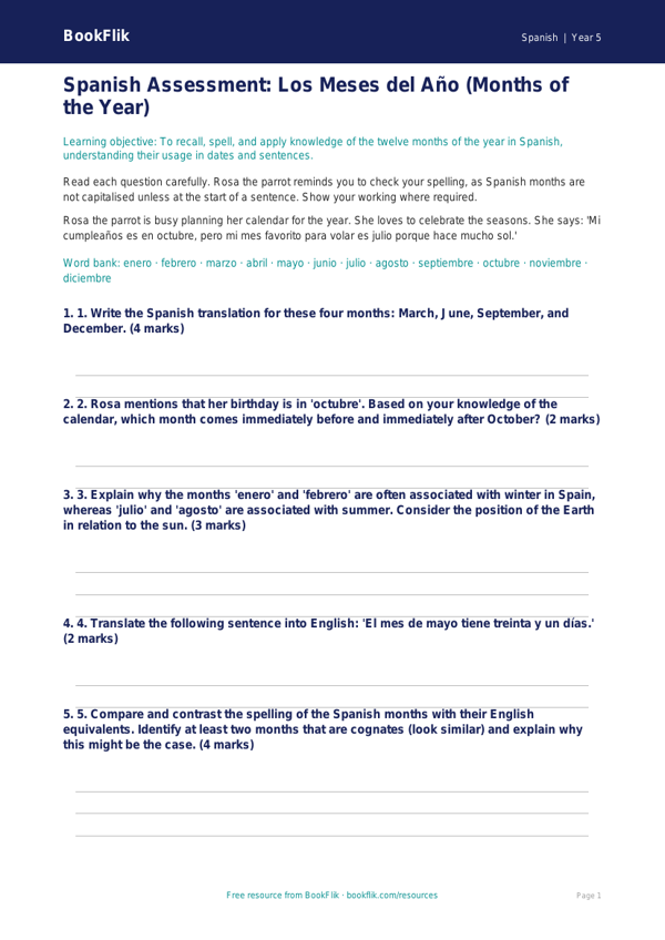 Free Months Of The Year Assessment | Year 5 Greater Depth | BookFlik worksheet preview — Spanish Months Of The Year