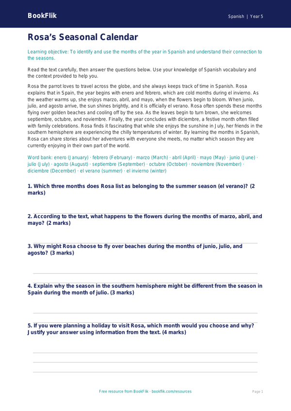 Free Months Of The Year Comprehension | Year 5 Greater Depth | BookFlik worksheet preview — Spanish Months Of The Year