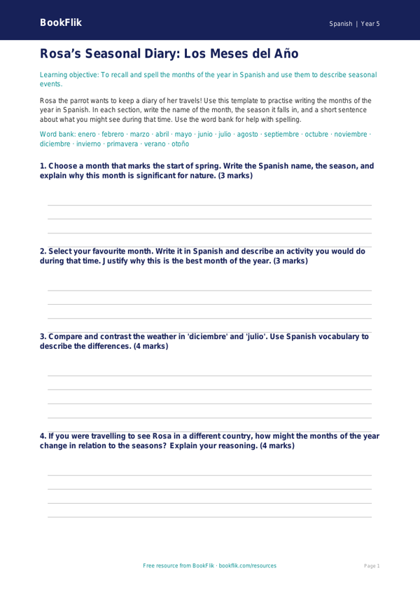 Free Months Of The Year Template | Year 5 Greater Depth | BookFlik worksheet preview — Spanish Months Of The Year