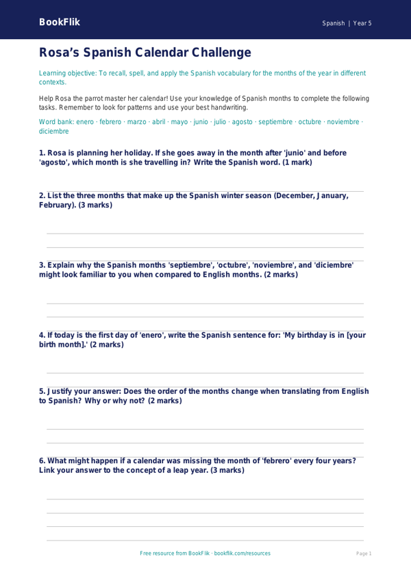 Free Months Of The Year Worksheet | Year 5 Greater Depth | BookFlik worksheet preview — Spanish Months Of The Year
