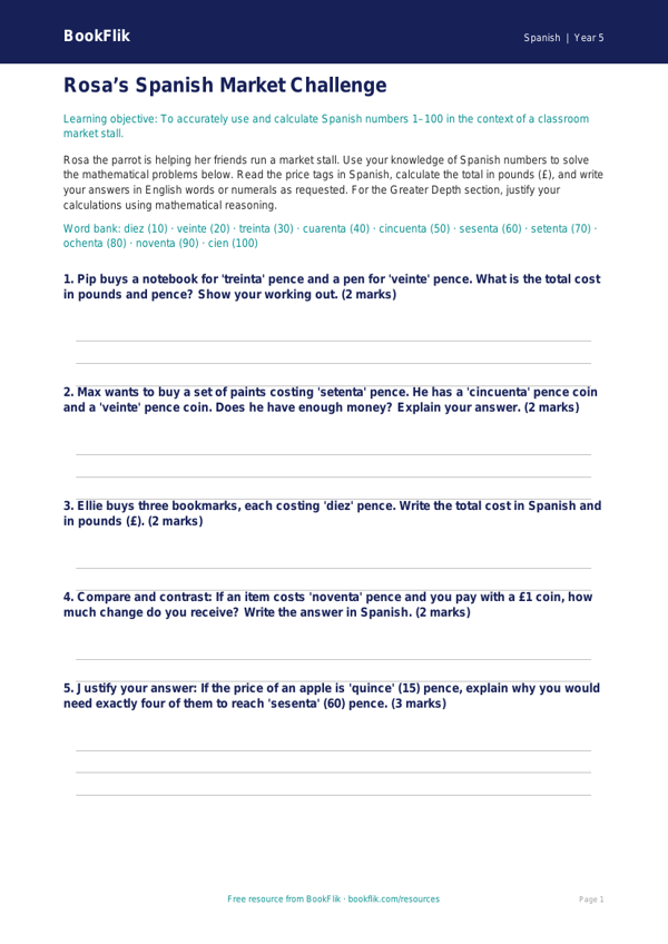Free Numbers Activity Sheet | Year 5 Greater Depth | BookFlik worksheet preview — Spanish Numbers