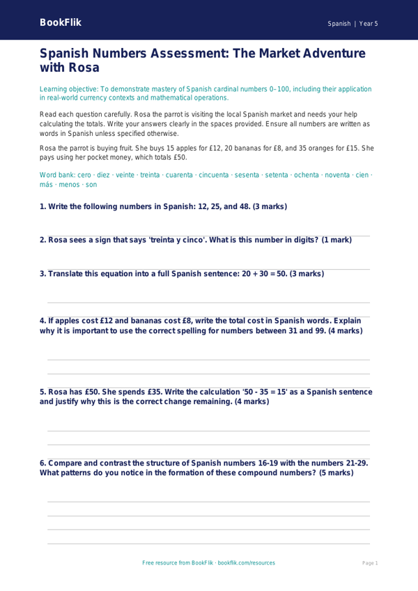 Free Numbers Assessment | Year 5 Greater Depth | BookFlik worksheet preview — Spanish Numbers
