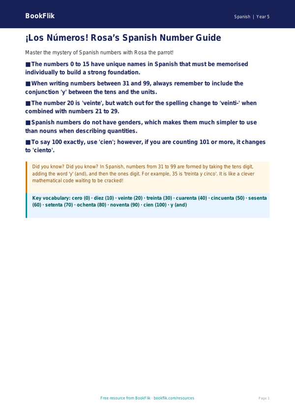 Free Numbers Poster | Year 5 Greater Depth | BookFlik worksheet preview — Spanish Numbers
