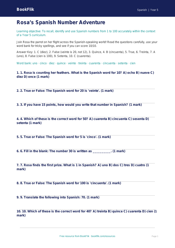 Free Numbers Quiz | Year 5 Greater Depth | BookFlik worksheet preview — Spanish Numbers