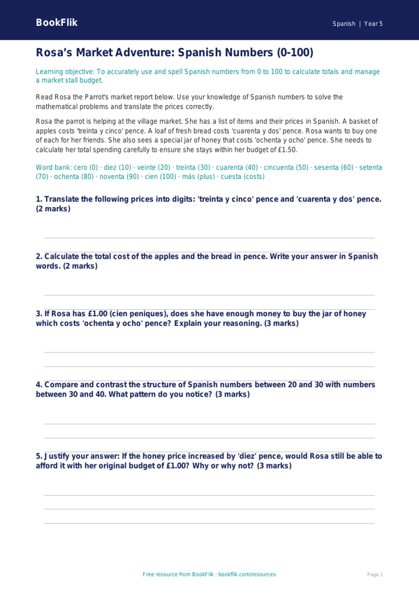 Free Numbers Track Sheet | Year 5 Greater Depth | BookFlik worksheet preview — Spanish Numbers