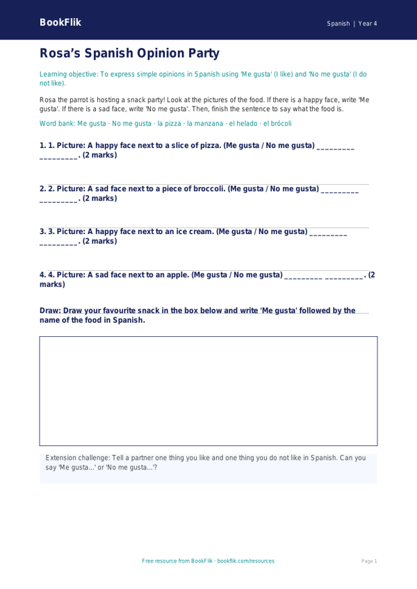 Free Opinion Phrases Activity Sheet | Year 4 Supported | BookFlik worksheet preview — Spanish Opinion Phrases