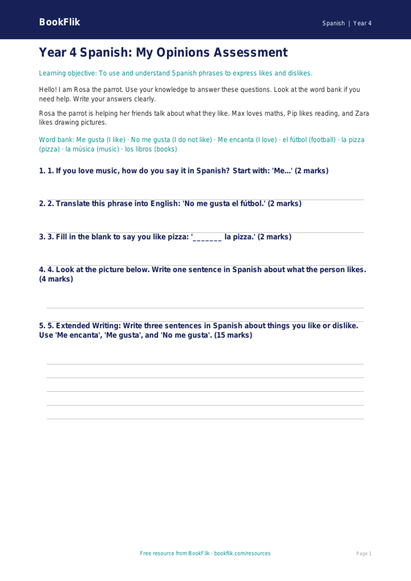 Free Opinion Phrases Assessment | Year 4 Supported | BookFlik worksheet preview — Spanish Opinion Phrases