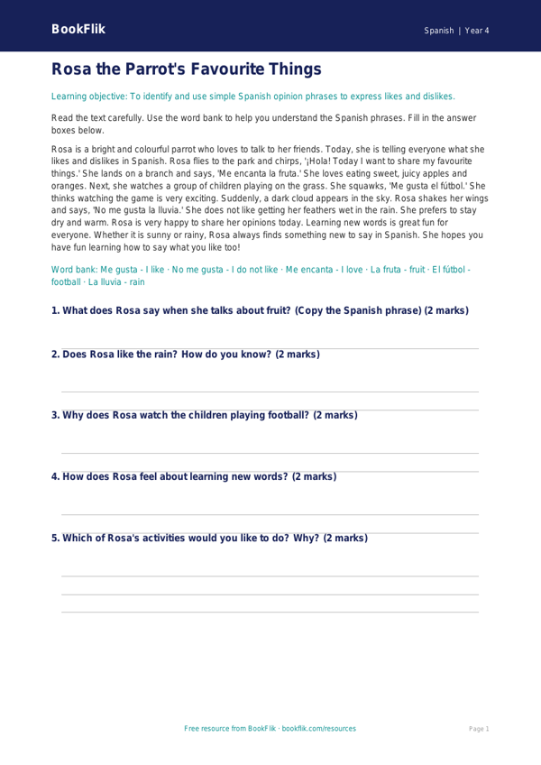 Free Opinion Phrases Comprehension | Year 4 Supported | BookFlik worksheet preview — Spanish Opinion Phrases