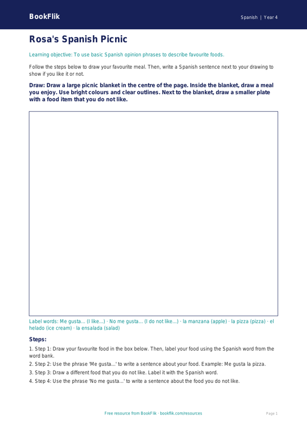 Free Opinion Phrases Drawing Sheet | Year 4 Supported | BookFlik worksheet preview — Spanish Opinion Phrases