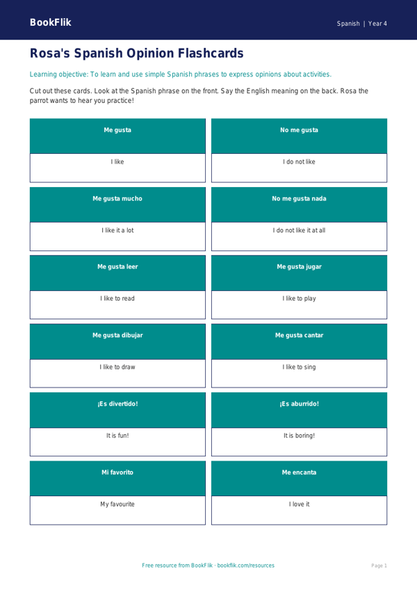 Free Opinion Phrases Flashcards | Year 4 Supported | BookFlik worksheet preview — Spanish Opinion Phrases