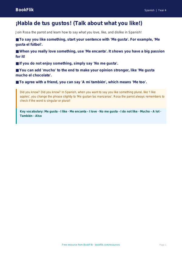 Free Opinion Phrases Poster | Year 4 Supported | BookFlik worksheet preview — Spanish Opinion Phrases