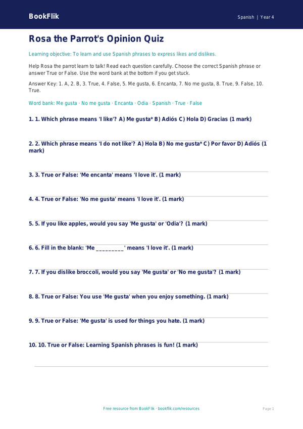 Free Opinion Phrases Quiz | Year 4 Supported | BookFlik worksheet preview — Spanish Opinion Phrases