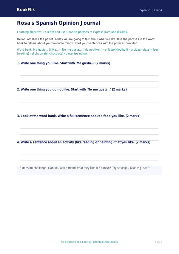 Free Opinion Phrases Template | Year 4 Supported | BookFlik worksheet preview — Spanish Opinion Phrases