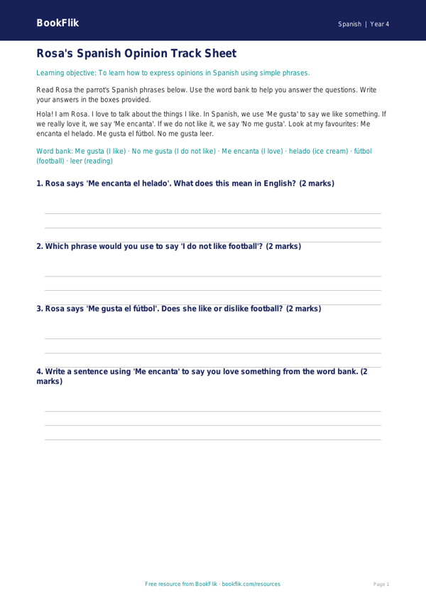 Free Opinion Phrases Track Sheet | Year 4 Supported | BookFlik worksheet preview — Spanish Opinion Phrases