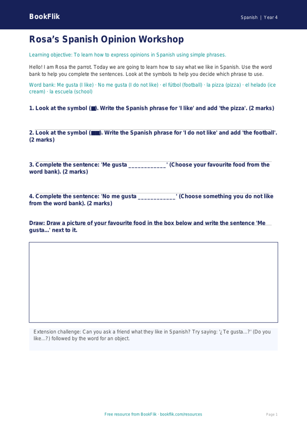 Free Opinion Phrases Worksheet | Year 4 Supported | BookFlik worksheet preview — Spanish Opinion Phrases