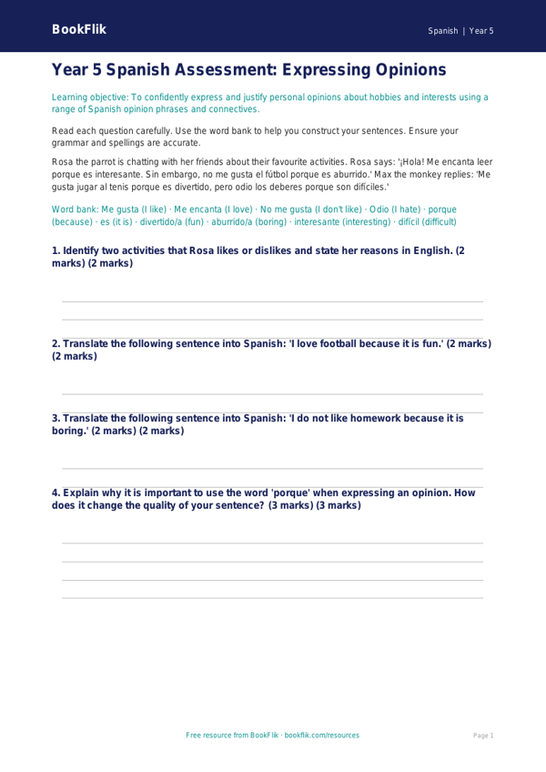Free Opinion Phrases Assessment | Year 5 Greater Depth | BookFlik worksheet preview — Spanish Opinion Phrases