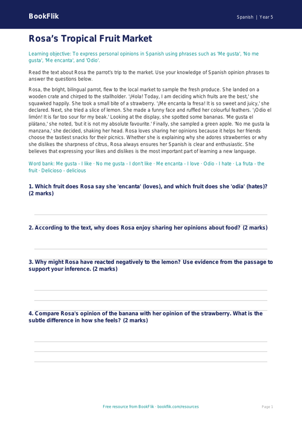Free Opinion Phrases Comprehension | Year 5 Greater Depth | BookFlik worksheet preview — Spanish Opinion Phrases