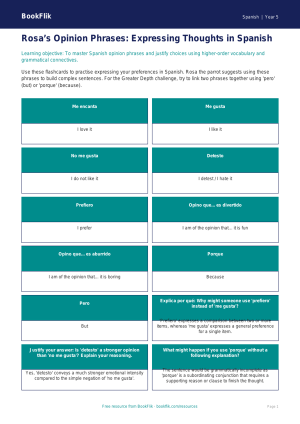 Free Opinion Phrases Flashcards | Year 5 Greater Depth | BookFlik worksheet preview — Spanish Opinion Phrases