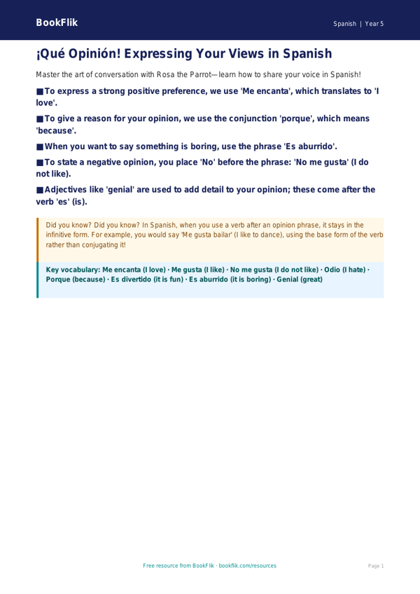 Free Opinion Phrases Poster | Year 5 Greater Depth | BookFlik worksheet preview — Spanish Opinion Phrases