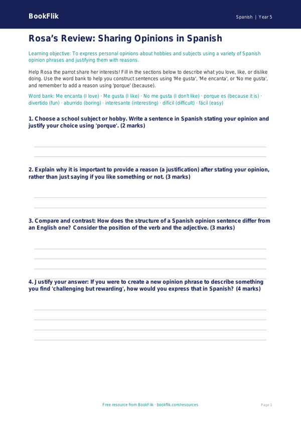 Free Opinion Phrases Template | Year 5 Greater Depth | BookFlik worksheet preview — Spanish Opinion Phrases