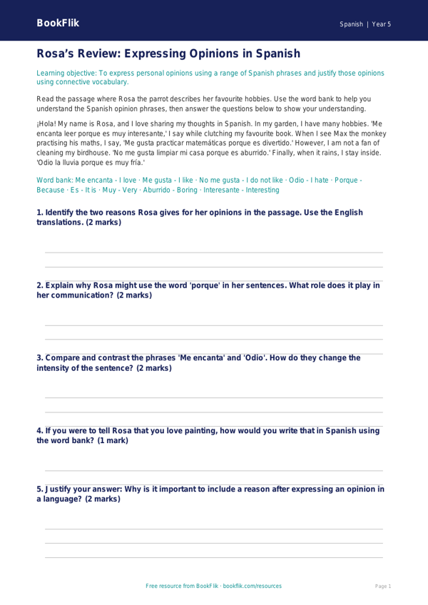 Free Opinion Phrases Track Sheet | Year 5 Greater Depth | BookFlik worksheet preview — Spanish Opinion Phrases