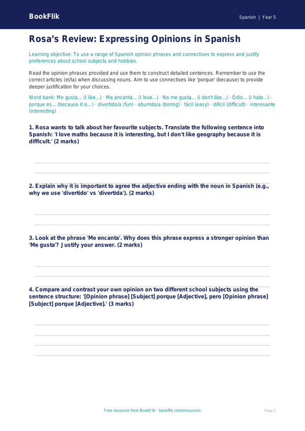 Free Opinion Phrases Worksheet | Year 5 Greater Depth | BookFlik worksheet preview — Spanish Opinion Phrases