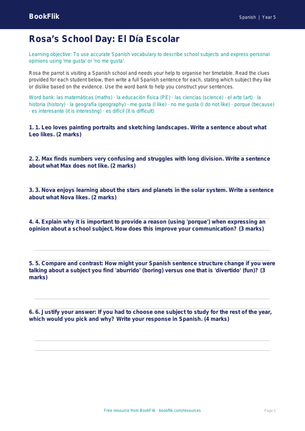 Free School Activity Sheet | Year 5 Greater Depth | BookFlik worksheet preview — Spanish School