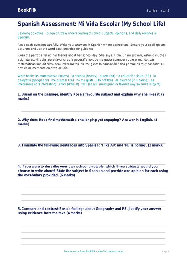 Free School Assessment | Year 5 Greater Depth | BookFlik worksheet preview — Spanish School