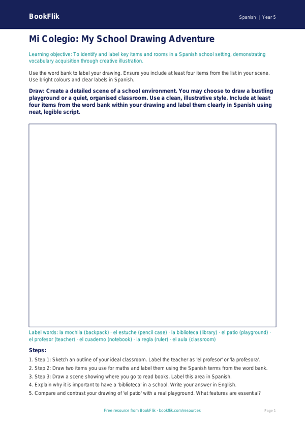 Free School Drawing Sheet | Year 5 Greater Depth | BookFlik worksheet preview — Spanish School