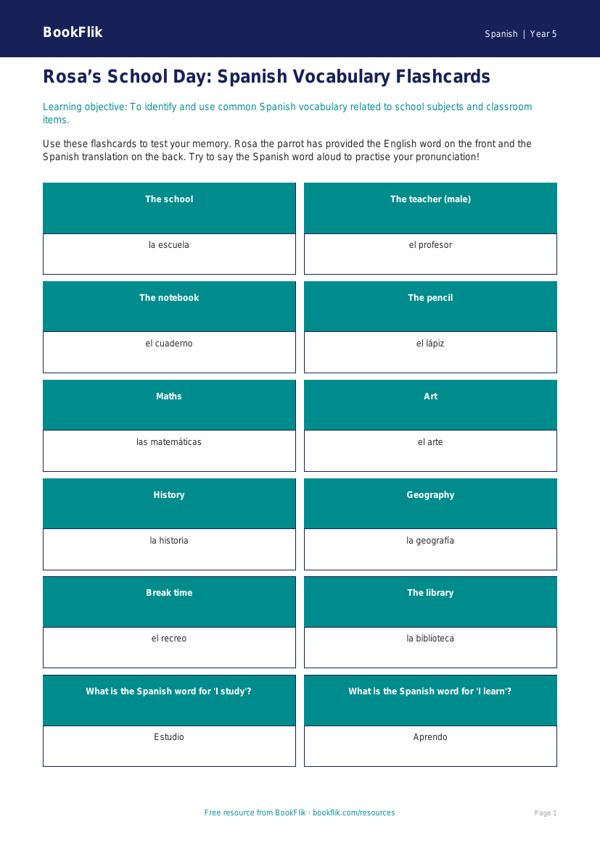 Free School Flashcards | Year 5 Greater Depth | BookFlik worksheet preview — Spanish School