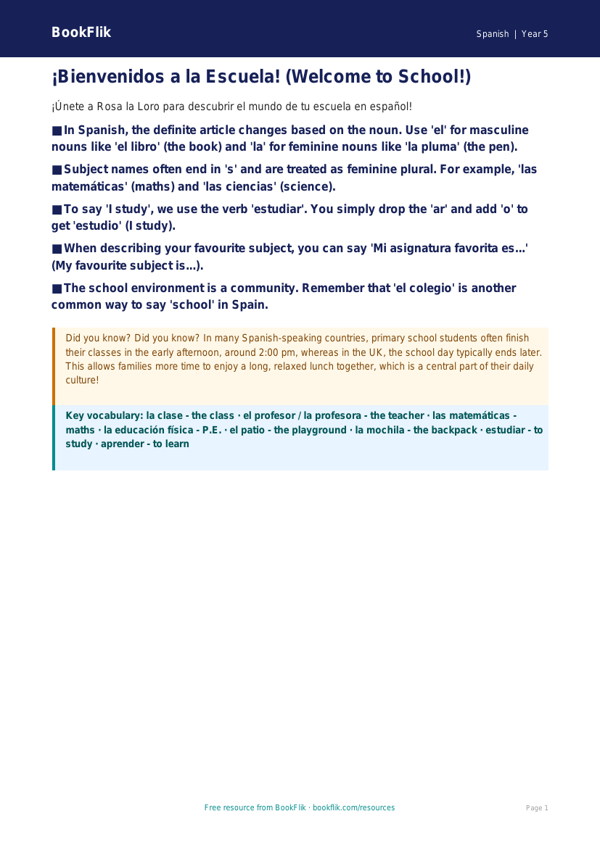Free School Poster | Year 5 Greater Depth | BookFlik worksheet preview — Spanish School