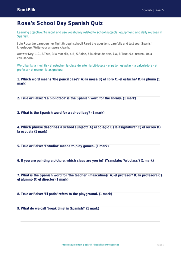 Free School Quiz | Year 5 Greater Depth | BookFlik worksheet preview — Spanish School