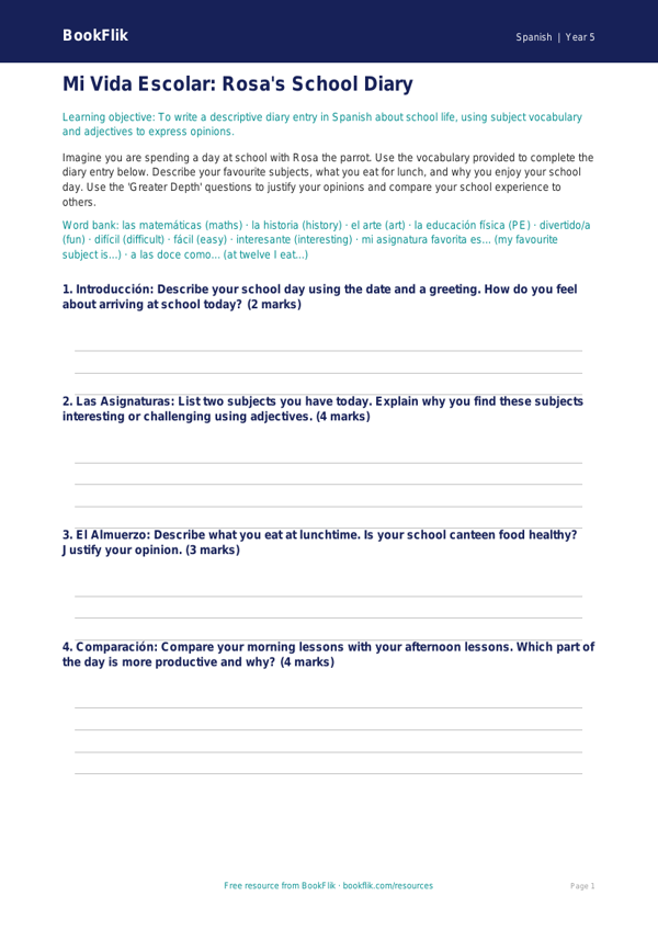 Free Year 5 Greater Depth Worksheet | Printable PDF | BookFlik worksheet preview — Spanish School