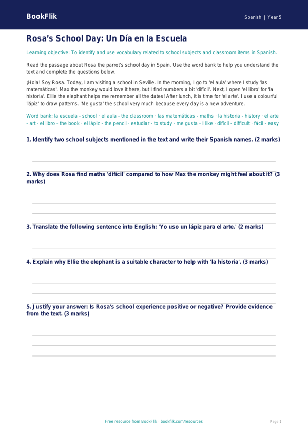 Free School Track Sheet | Year 5 Greater Depth | BookFlik worksheet preview — Spanish School