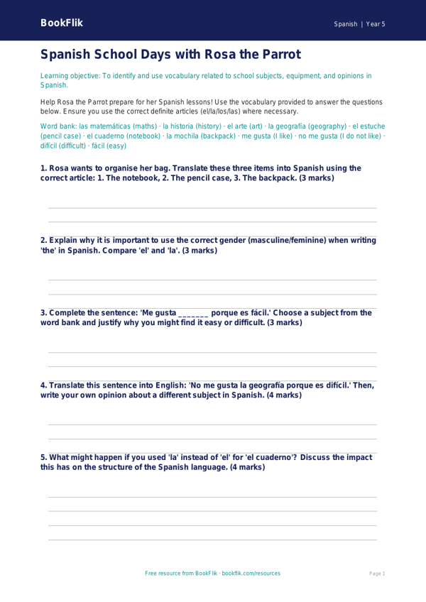 Free School Worksheet | Year 5 Greater Depth | BookFlik worksheet preview — Spanish School