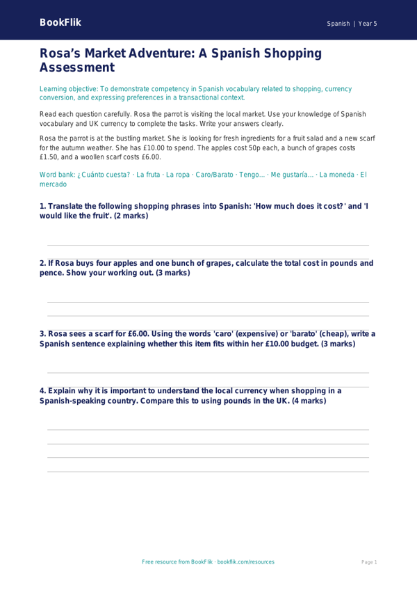 Free Shopping Assessment | Year 5 Greater Depth | BookFlik worksheet preview — Spanish Shopping