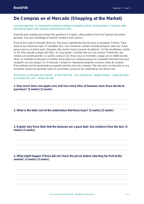 Free Shopping Comprehension | Year 5 Greater Depth | BookFlik worksheet preview — Spanish Shopping