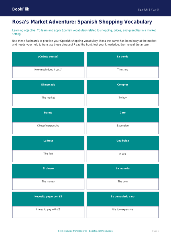 Free Shopping Flashcards | Year 5 Greater Depth | BookFlik worksheet preview — Spanish Shopping