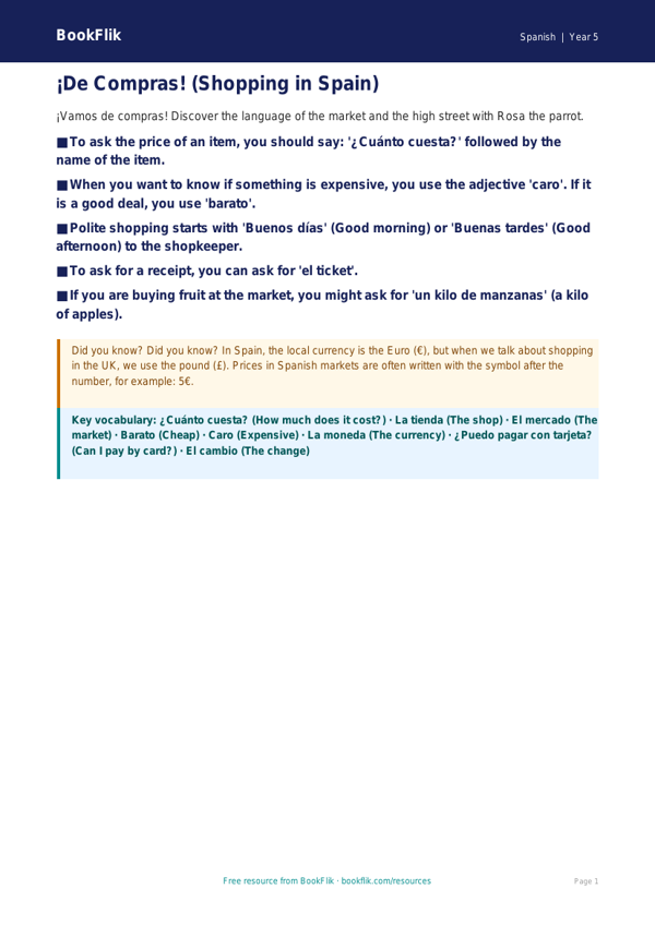 Free Shopping Poster | Year 5 Greater Depth | BookFlik worksheet preview — Spanish Shopping